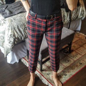 Plaid red straight leg pants.